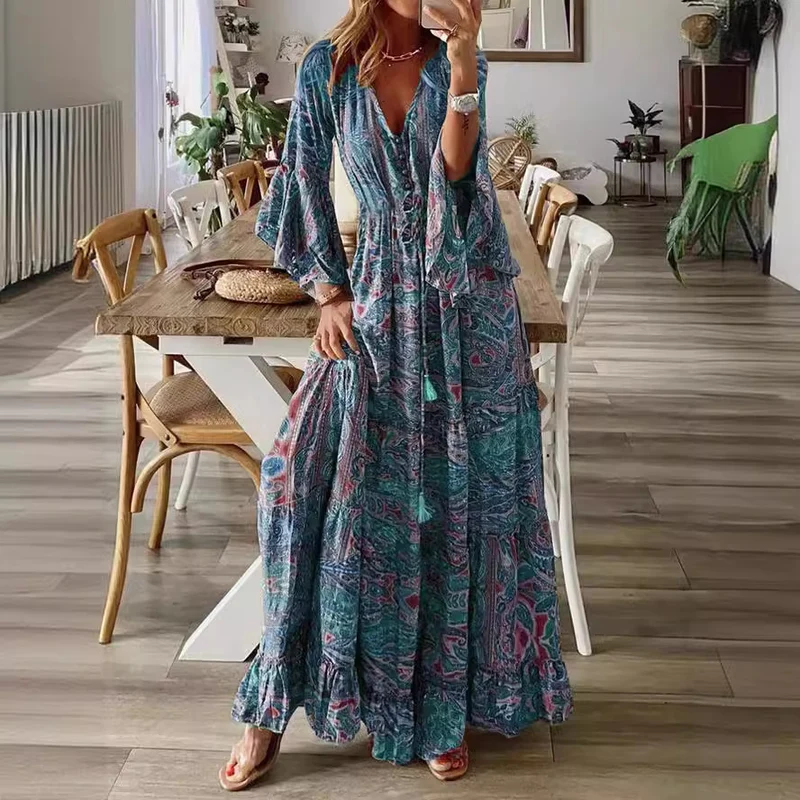 Damen Boho-Maxikleid mit Paisley‑Print, V‑Ausschnitt, Volantärmeln und Taillen‑Bindegürtel Nord Taschen