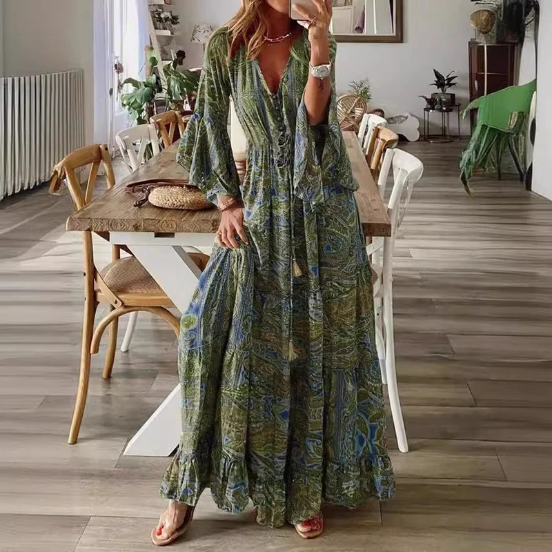 Damen Boho-Maxikleid mit Paisley‑Print, V‑Ausschnitt, Volantärmeln und Taillen‑Bindegürtel Nord Taschen