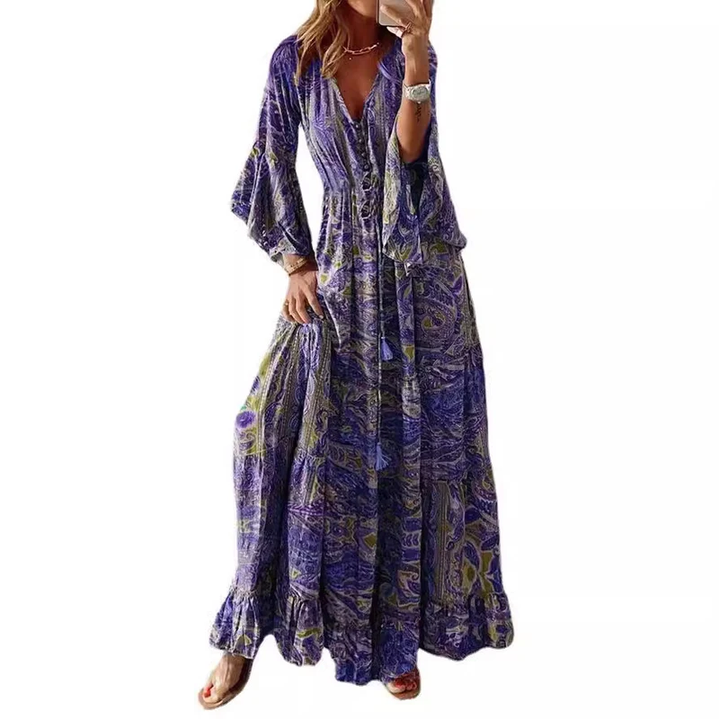 Damen Boho-Maxikleid mit Paisley‑Print, V‑Ausschnitt, Volantärmeln und Taillen‑Bindegürtel Nord Taschen