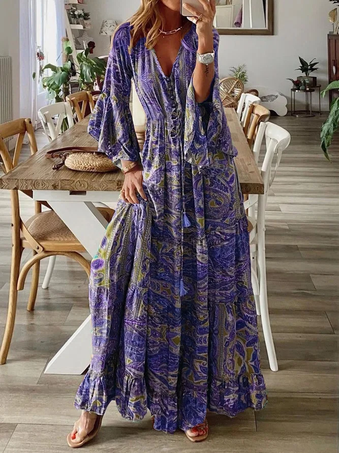 Damen Boho-Maxikleid mit Paisley‑Print, V‑Ausschnitt, Volantärmeln und Taillen‑Bindegürtel Nord Taschen