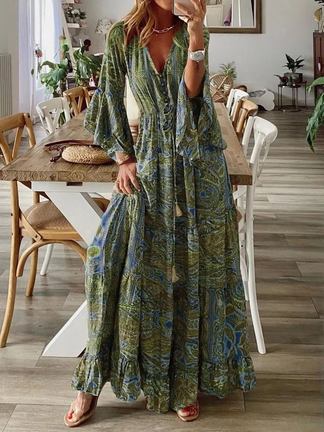 Damen Boho-Maxikleid mit Paisley‑Print, V‑Ausschnitt, Volantärmeln und Taillen‑Bindegürtel Nord Taschen