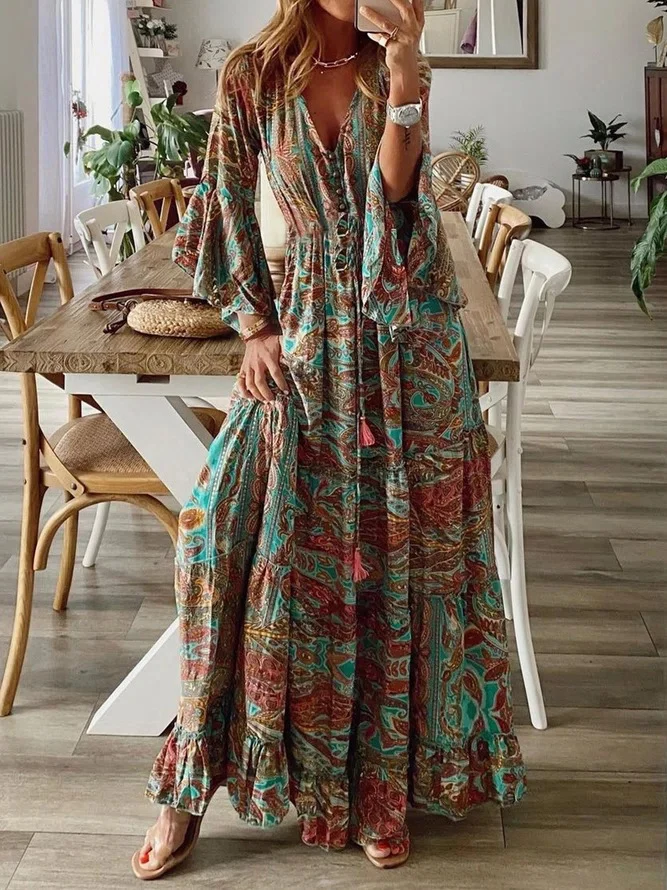 Damen Boho-Maxikleid mit Paisley‑Print, V‑Ausschnitt, Volantärmeln und Taillen‑Bindegürtel Nord Taschen