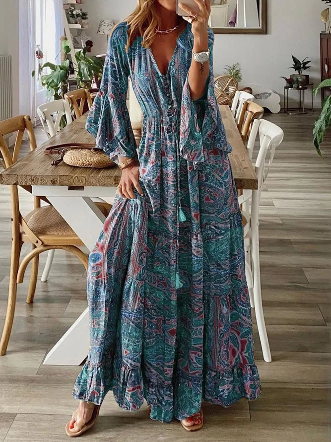 Damen Boho-Maxikleid mit Paisley‑Print, V‑Ausschnitt, Volantärmeln und Taillen‑Bindegürtel Nord Taschen