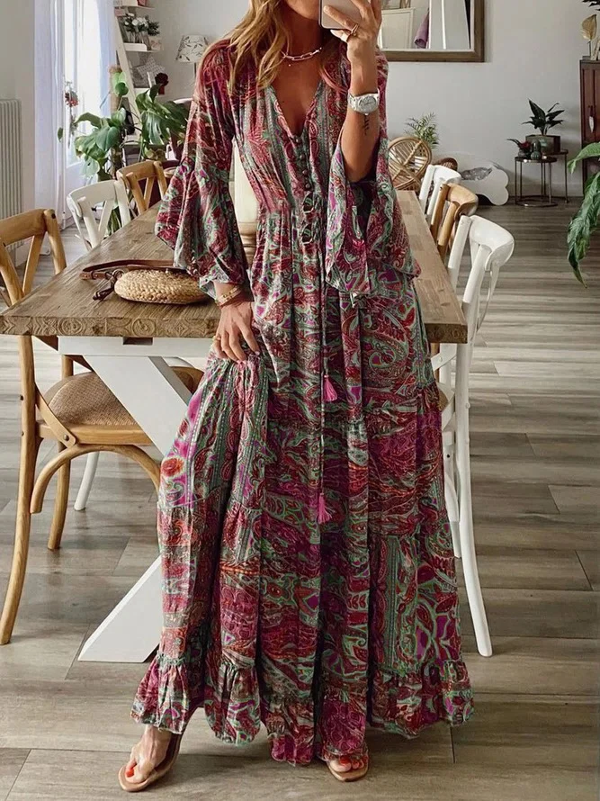 Damen Boho-Maxikleid mit Paisley‑Print, V‑Ausschnitt, Volantärmeln und Taillen‑Bindegürtel Nord Taschen