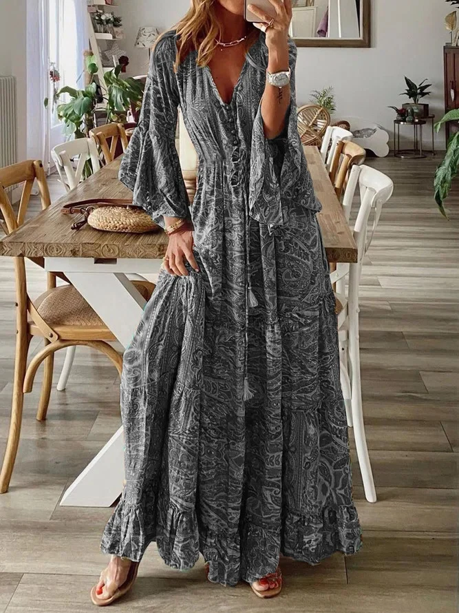 Damen Boho-Maxikleid mit Paisley‑Print, V‑Ausschnitt, Volantärmeln und Taillen‑Bindegürtel Nord Taschen