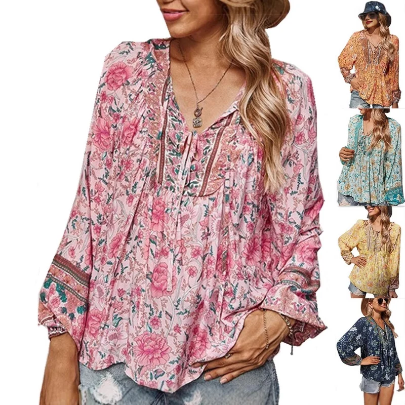 Damen Boho-Bluse mit floralem Print, V‑Ausschnitt mit Bindeband und Plissée-Details Nord Taschen