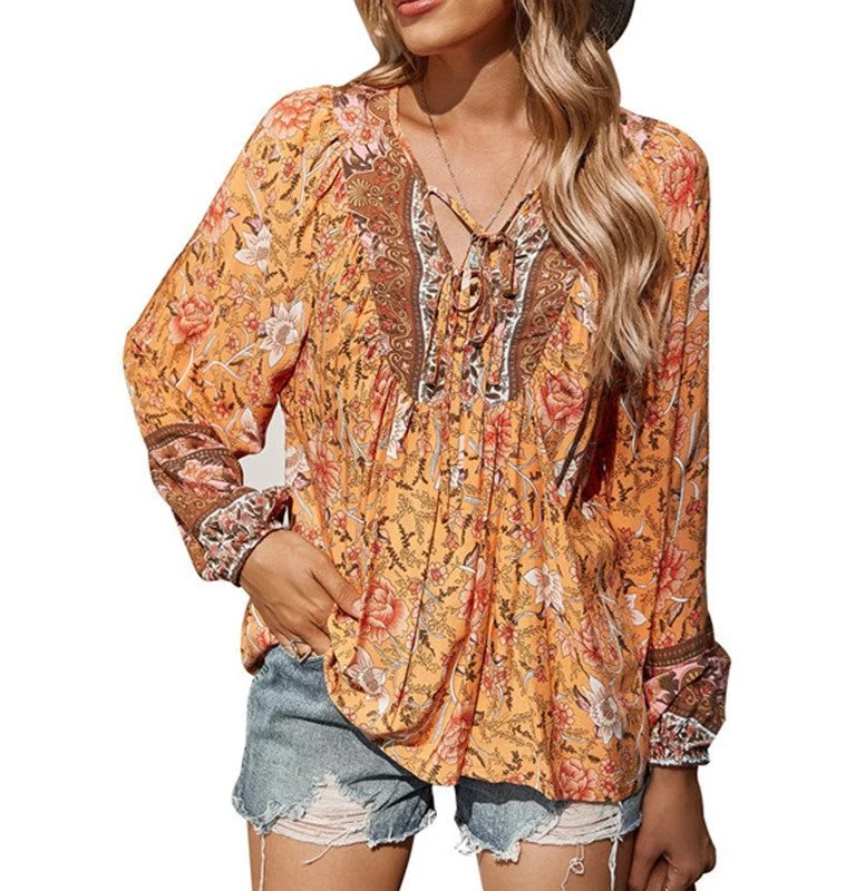 Damen Boho-Bluse mit floralem Print, V‑Ausschnitt mit Bindeband und Plissée-Details Nord Taschen