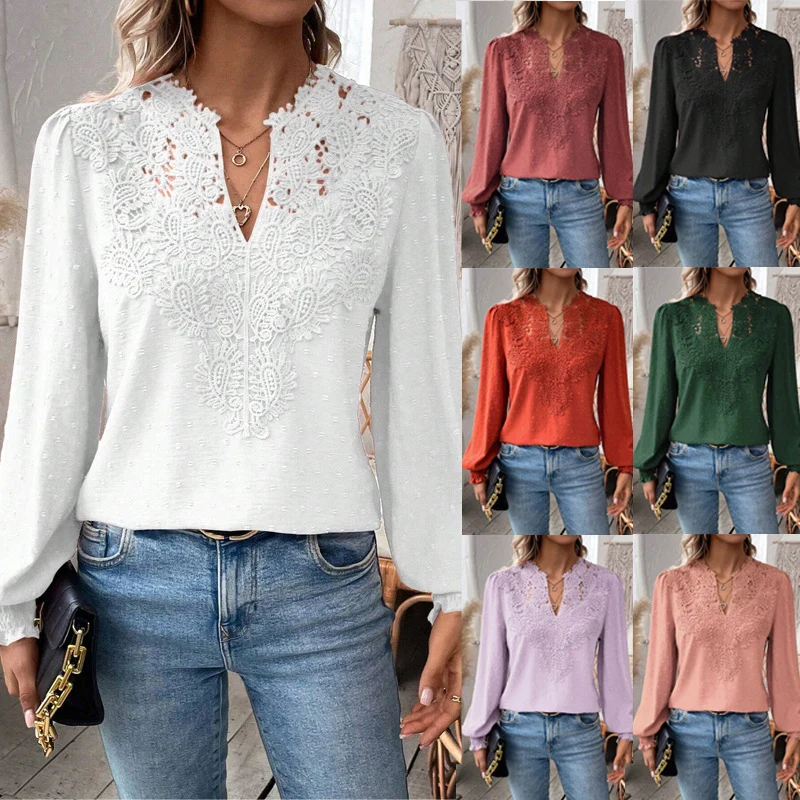 Damen Bluse mit Spitzen‑Plastron, V‑Ausschnitt und ballonartigen Ärmeln Nord Taschen