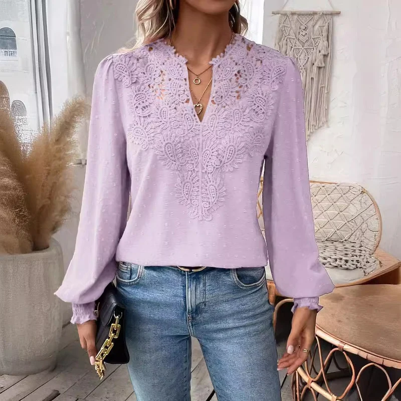 Damen Bluse mit Spitzen‑Plastron, V‑Ausschnitt und ballonartigen Ärmeln Nord Taschen