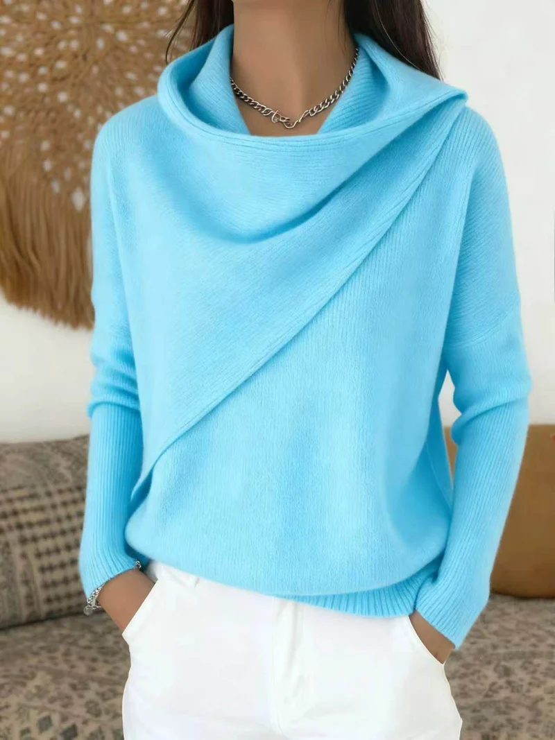 Damen Asymmetrischer Grobstrick-Pullover mit Schalkragen Nord Taschen