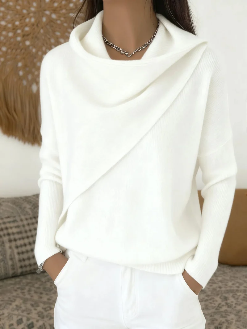 Damen Asymmetrischer Grobstrick-Pullover mit Schalkragen Nord Taschen