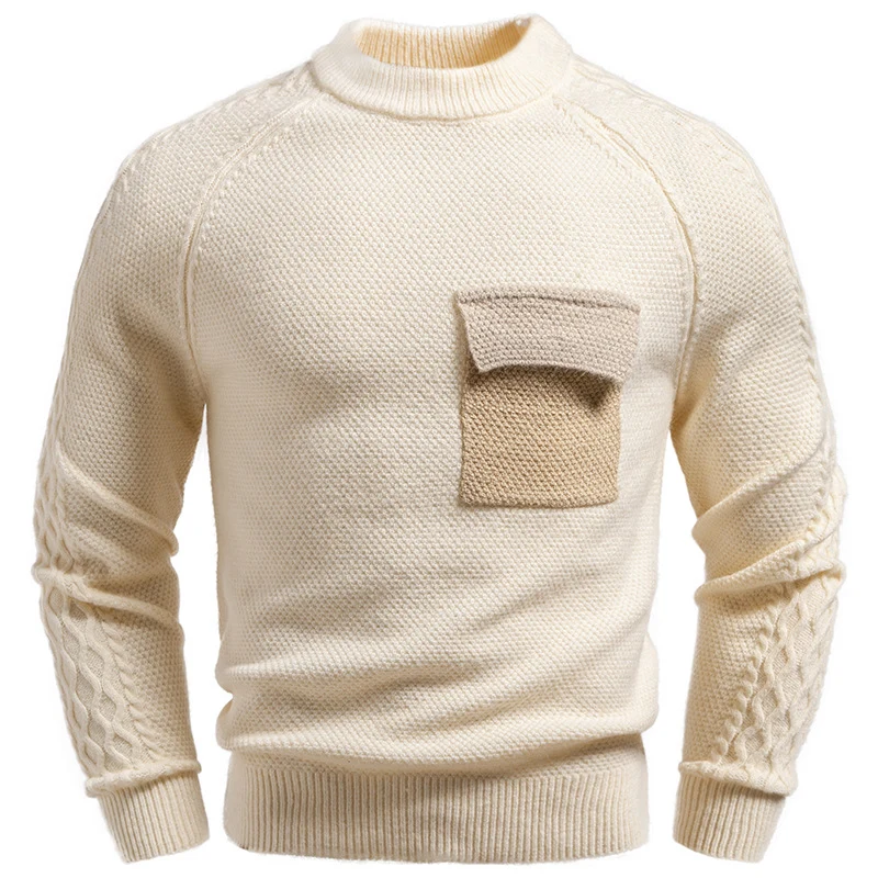 Herren Pullover aus Strukturstrick mit Rundhals, aufgesetzter Brusttasche und Zopfmuster-Ärmeln Nord Taschen