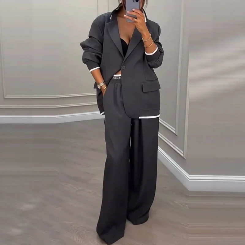 Damen Oversize-Blazer mit Kontrastbesatz und High‑Waist Palazzo‑Hose Zweiteiler Nord Taschen