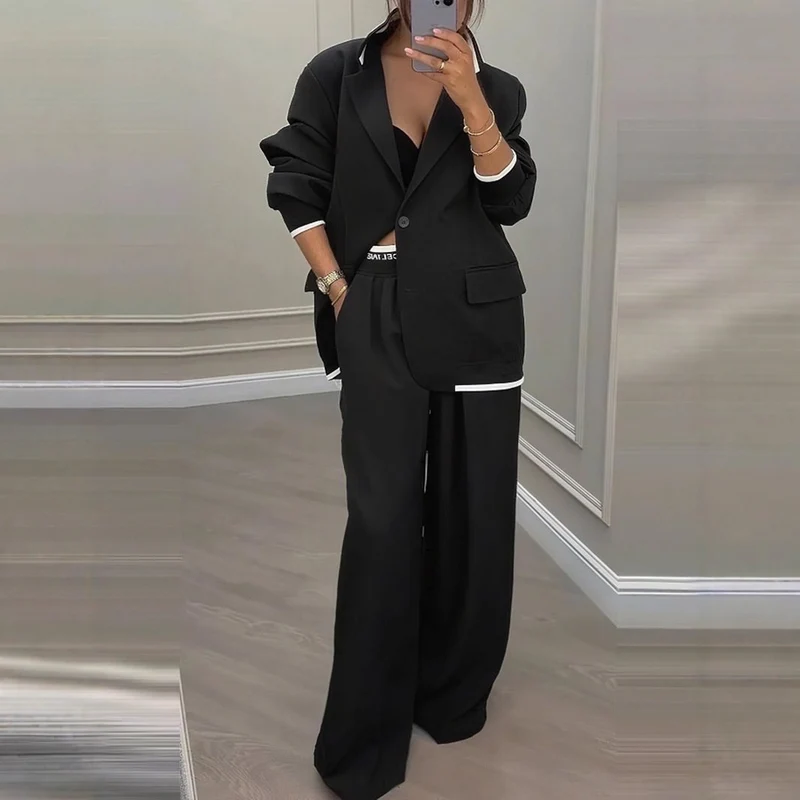 Damen Oversize-Blazer mit Kontrastbesatz und High‑Waist Palazzo‑Hose Zweiteiler Nord Taschen