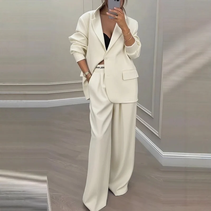 Damen Oversize-Blazer mit Kontrastbesatz und High‑Waist Palazzo‑Hose Zweiteiler Nord Taschen