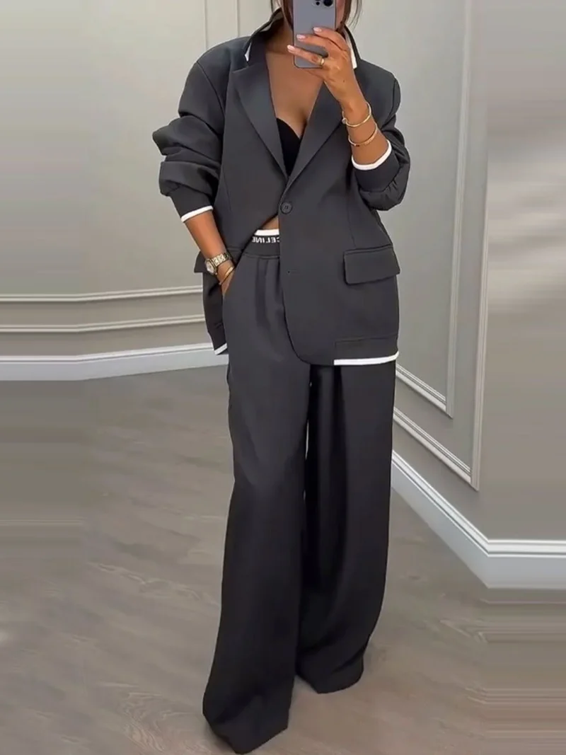 Damen Oversize-Blazer mit Kontrastbesatz und High‑Waist Palazzo‑Hose Zweiteiler Nord Taschen