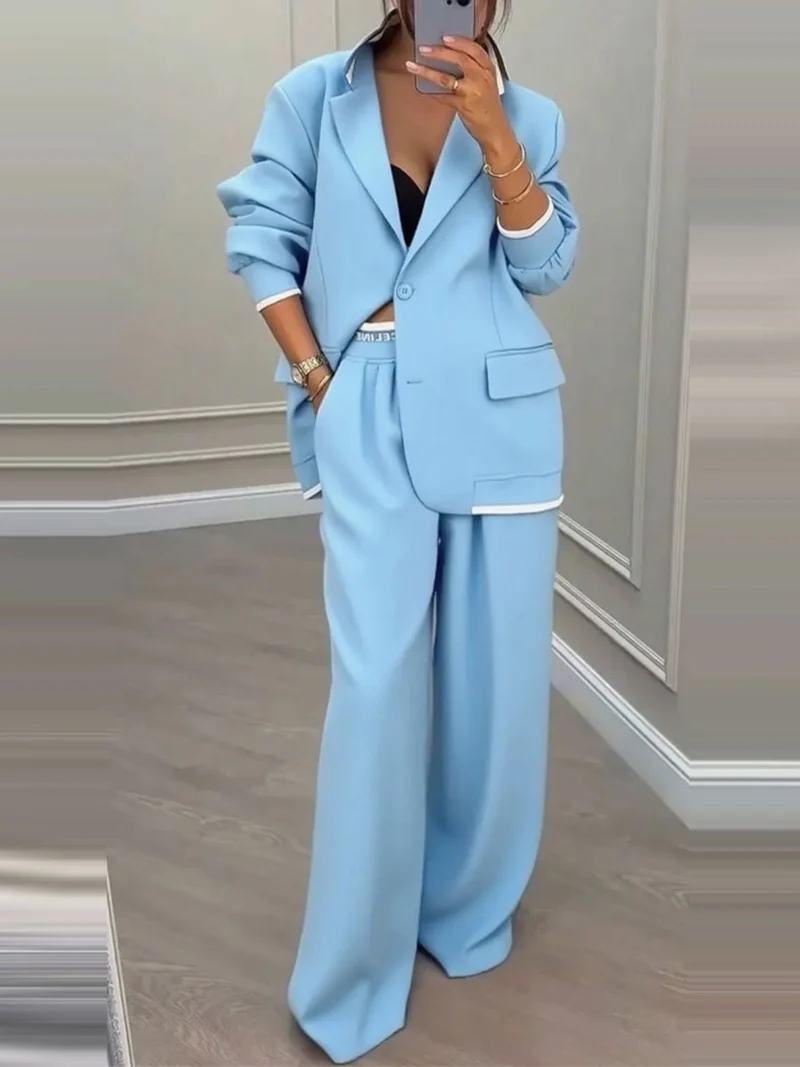 Damen Oversize-Blazer mit Kontrastbesatz und High‑Waist Palazzo‑Hose Zweiteiler Nord Taschen