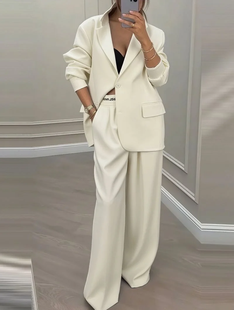 Damen Oversize-Blazer mit Kontrastbesatz und High‑Waist Palazzo‑Hose Zweiteiler Nord Taschen