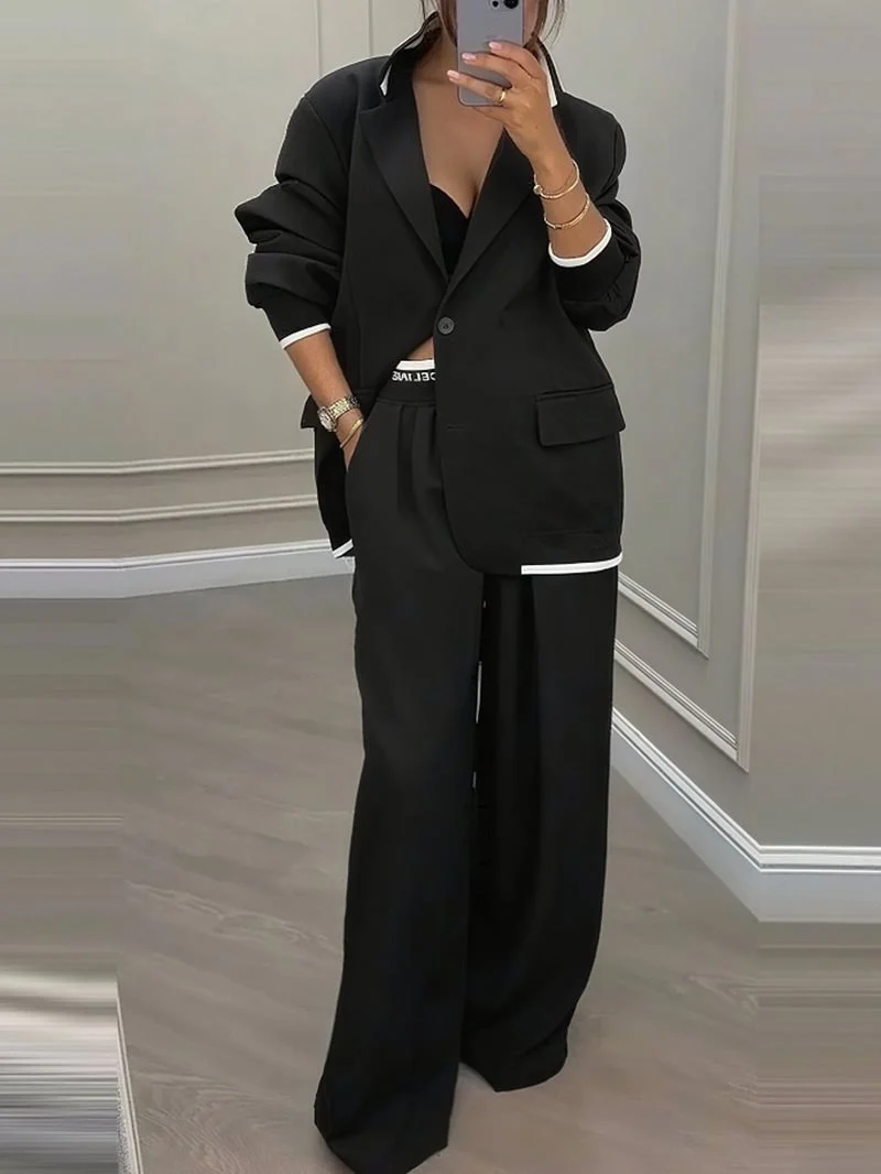 Damen Oversize-Blazer mit Kontrastbesatz und High‑Waist Palazzo‑Hose Zweiteiler Nord Taschen