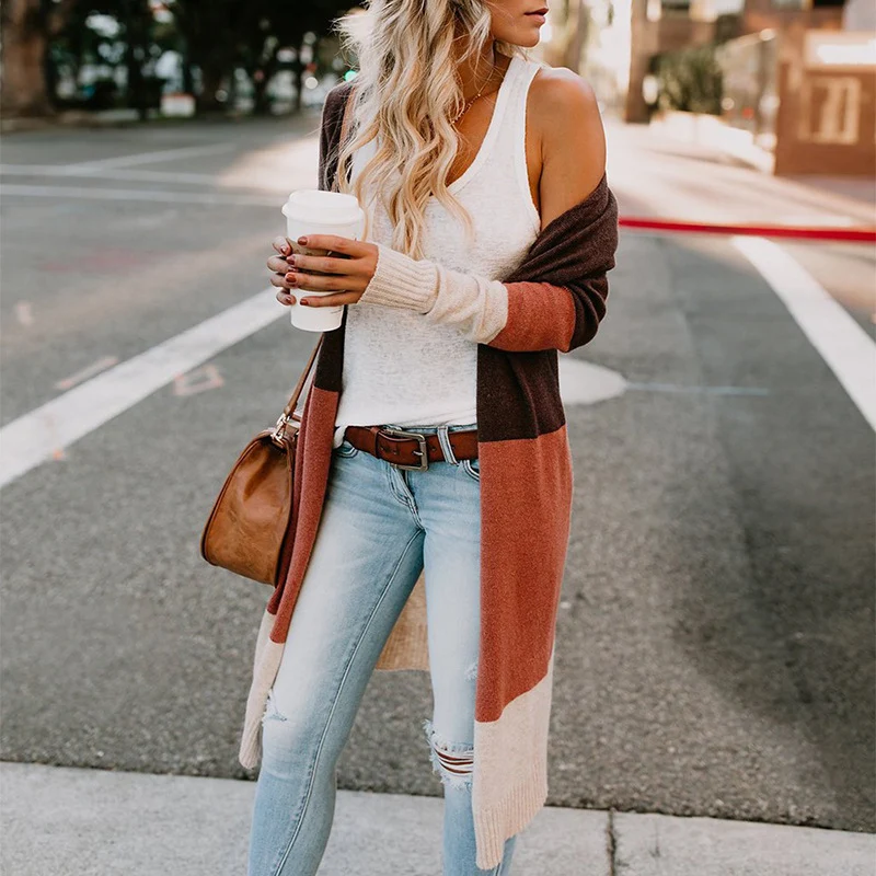 Damen Longline-Cardigan mit Colorblock-Design, offener Front und Rippsaum Nord Taschen