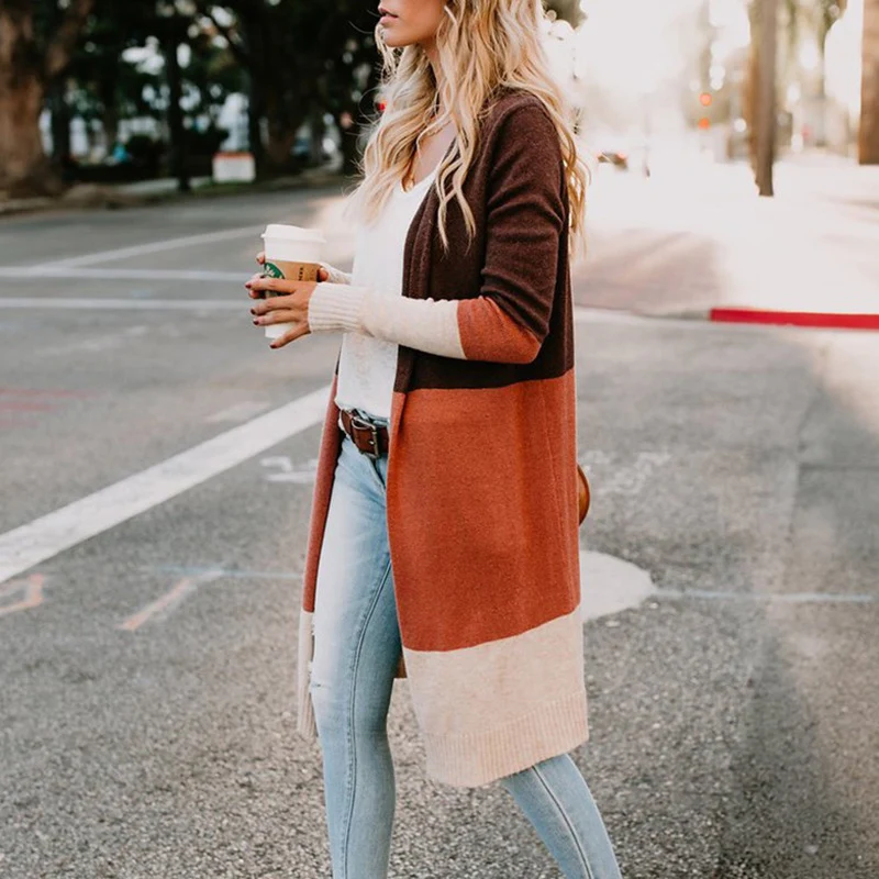 Damen Longline-Cardigan mit Colorblock-Design, offener Front und Rippsaum Nord Taschen