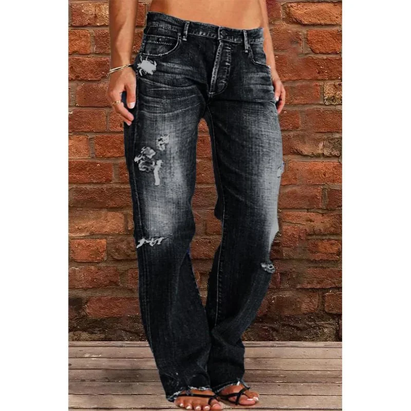 Damen Lockere Destroyed-Jeans mit weitem Bein und niedriger Taille Nord Taschen