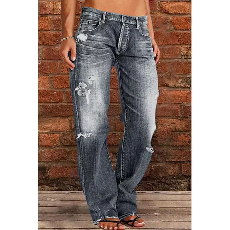 Damen Lockere Destroyed-Jeans mit weitem Bein und niedriger Taille Nord Taschen