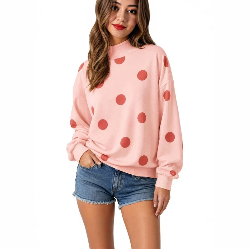 Damen Locker geschnittenes Sweatshirt mit Stehkragen und großen Punkten Nord Taschen
