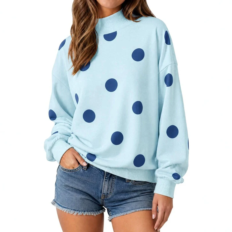 Damen Locker geschnittenes Sweatshirt mit Stehkragen und großen Punkten Nord Taschen
