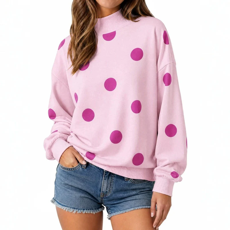 Damen Locker geschnittenes Sweatshirt mit Stehkragen und großen Punkten Nord Taschen