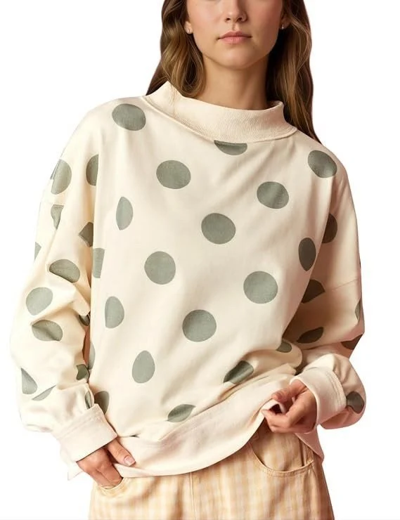 Damen Locker geschnittenes Sweatshirt mit Stehkragen und großen Punkten Nord Taschen