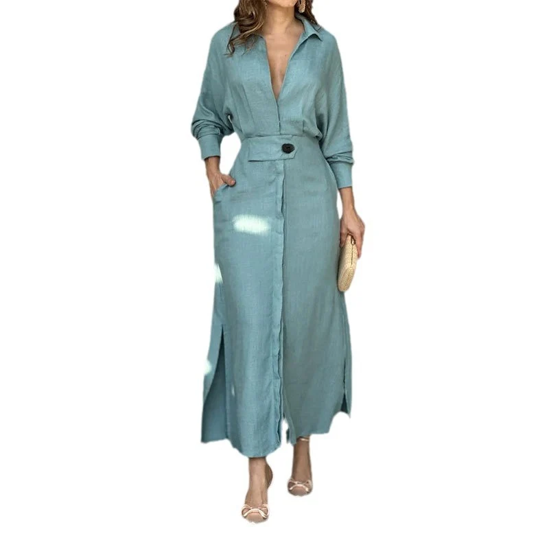 Damen Leinen-Maxikleid mit Hemdkragen, Taillengürtel und seitlichen Beinschlitzen Nord Taschen