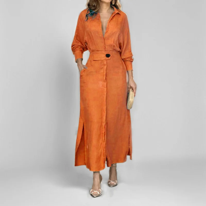Damen Leinen-Maxikleid mit Hemdkragen, Taillengürtel und seitlichen Beinschlitzen Nord Taschen