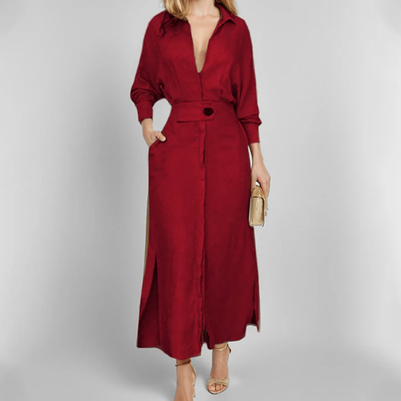 Damen Leinen-Maxikleid mit Hemdkragen, Taillengürtel und seitlichen Beinschlitzen Nord Taschen