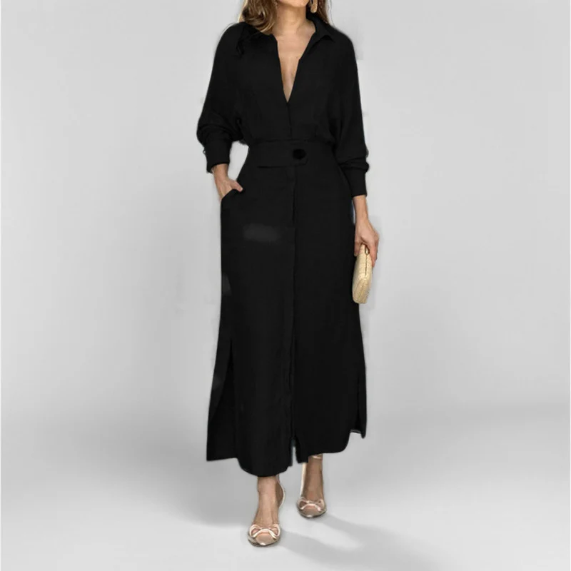 Damen Leinen-Maxikleid mit Hemdkragen, Taillengürtel und seitlichen Beinschlitzen Nord Taschen