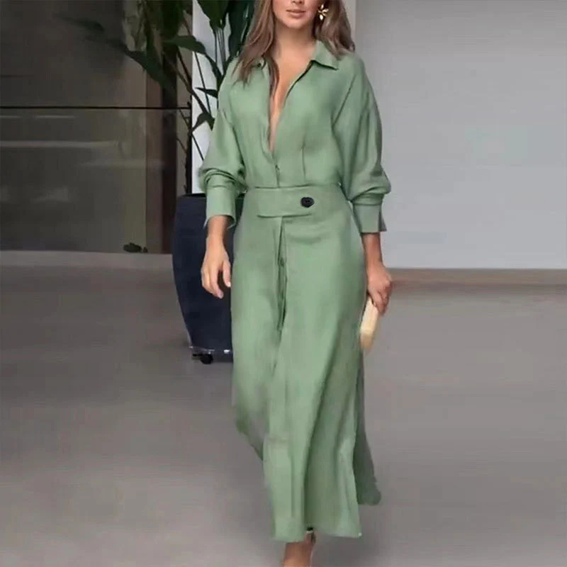 Damen Leinen-Maxikleid mit Hemdkragen, Taillengürtel und seitlichen Beinschlitzen Nord Taschen