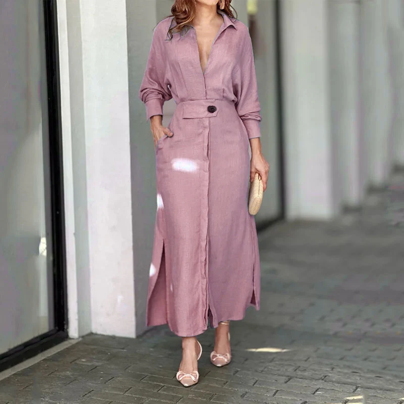 Damen Leinen-Maxikleid mit Hemdkragen, Taillengürtel und seitlichen Beinschlitzen Nord Taschen
