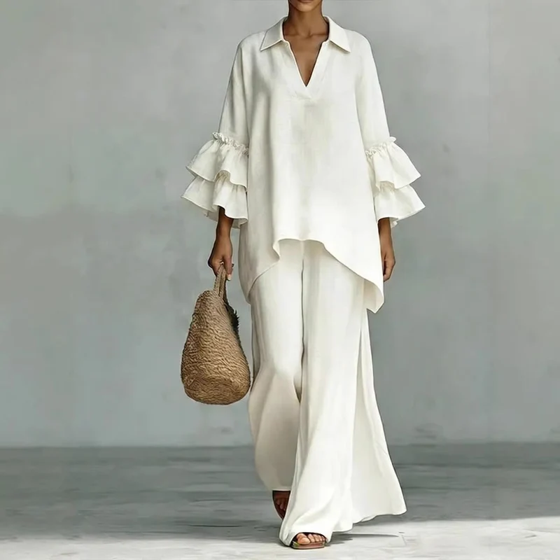 Damen Leinen-Loungewear-Set mit Volantärmeln und weitem Palazzo-Hose Nord Taschen