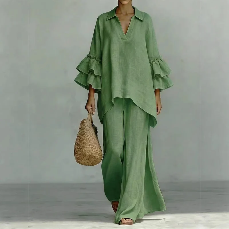 Damen Leinen-Loungewear-Set mit Volantärmeln und weitem Palazzo-Hose Nord Taschen