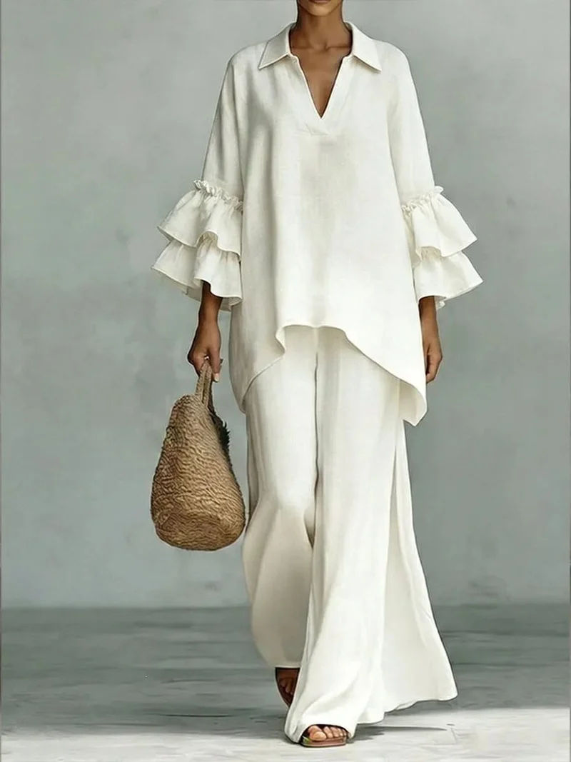 Damen Leinen-Loungewear-Set mit Volantärmeln und weitem Palazzo-Hose Nord Taschen