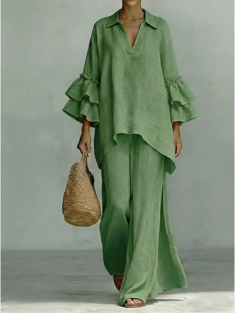 Damen Leinen-Loungewear-Set mit Volantärmeln und weitem Palazzo-Hose Nord Taschen