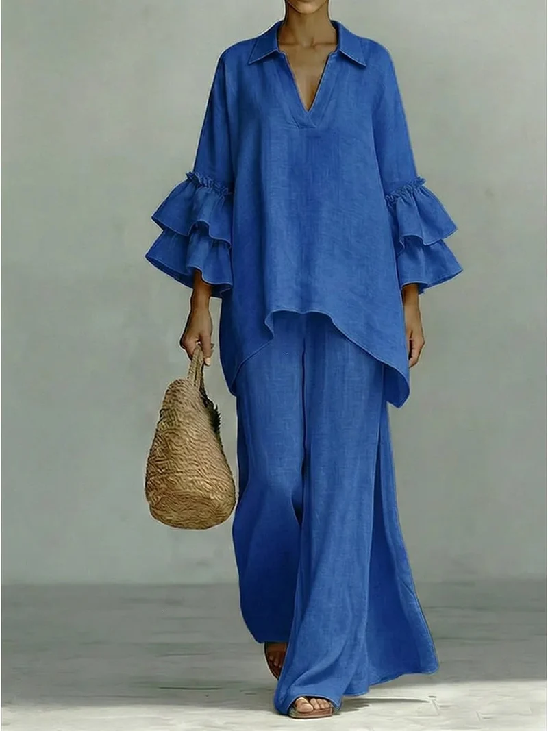 Damen Leinen-Loungewear-Set mit Volantärmeln und weitem Palazzo-Hose Nord Taschen
