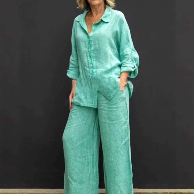 Damen Leichtes Leinen-Loungewear-Set mit Oversized-Hemd und weiter Palazzo-Hose Nord Taschen