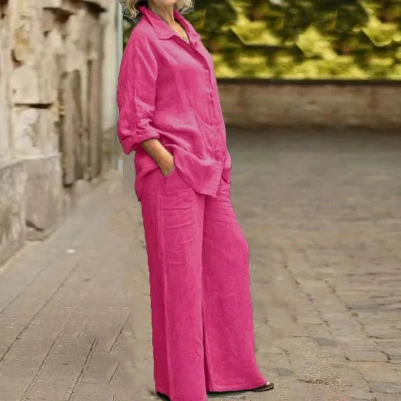 Damen Leichtes Leinen-Loungewear-Set mit Oversized-Hemd und weiter Palazzo-Hose Nord Taschen