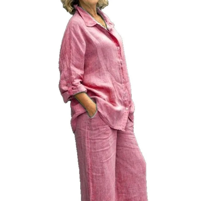 Damen Leichtes Leinen-Loungewear-Set mit Oversized-Hemd und weiter Palazzo-Hose Nord Taschen
