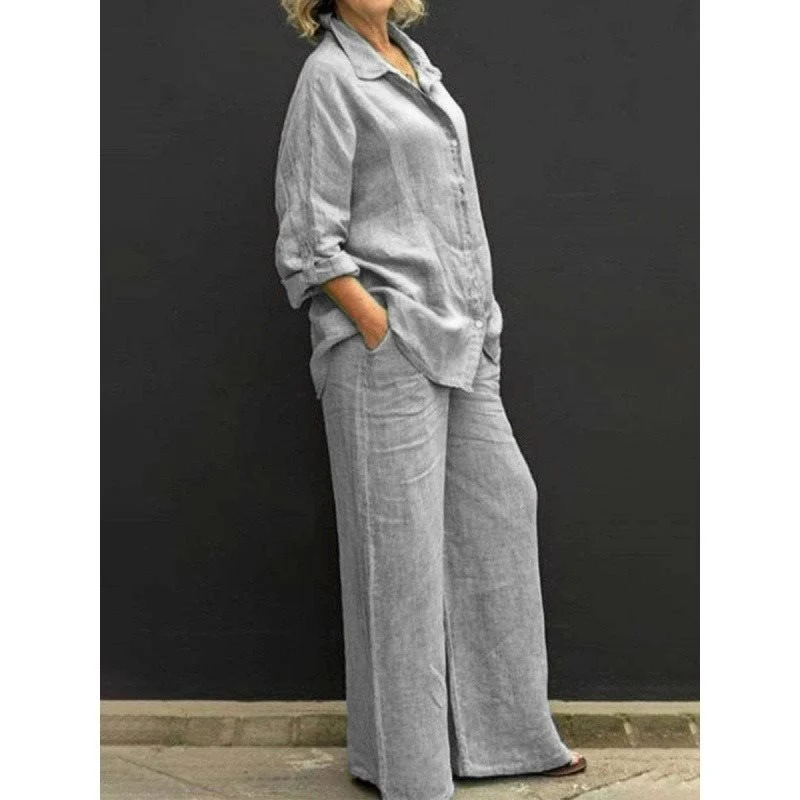 Damen Leichtes Leinen-Loungewear-Set mit Oversized-Hemd und weiter Palazzo-Hose Nord Taschen