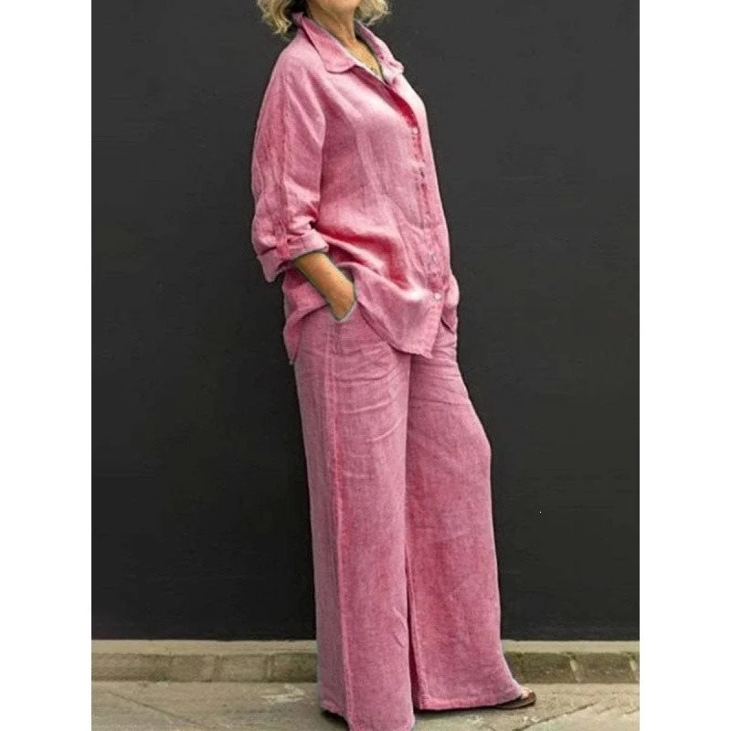 Damen Leichtes Leinen-Loungewear-Set mit Oversized-Hemd und weiter Palazzo-Hose Nord Taschen