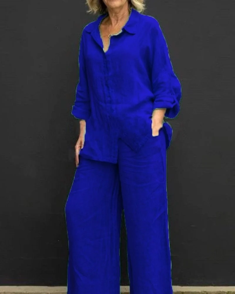 Damen Leichtes Leinen-Loungewear-Set mit Oversized-Hemd und weiter Palazzo-Hose Nord Taschen