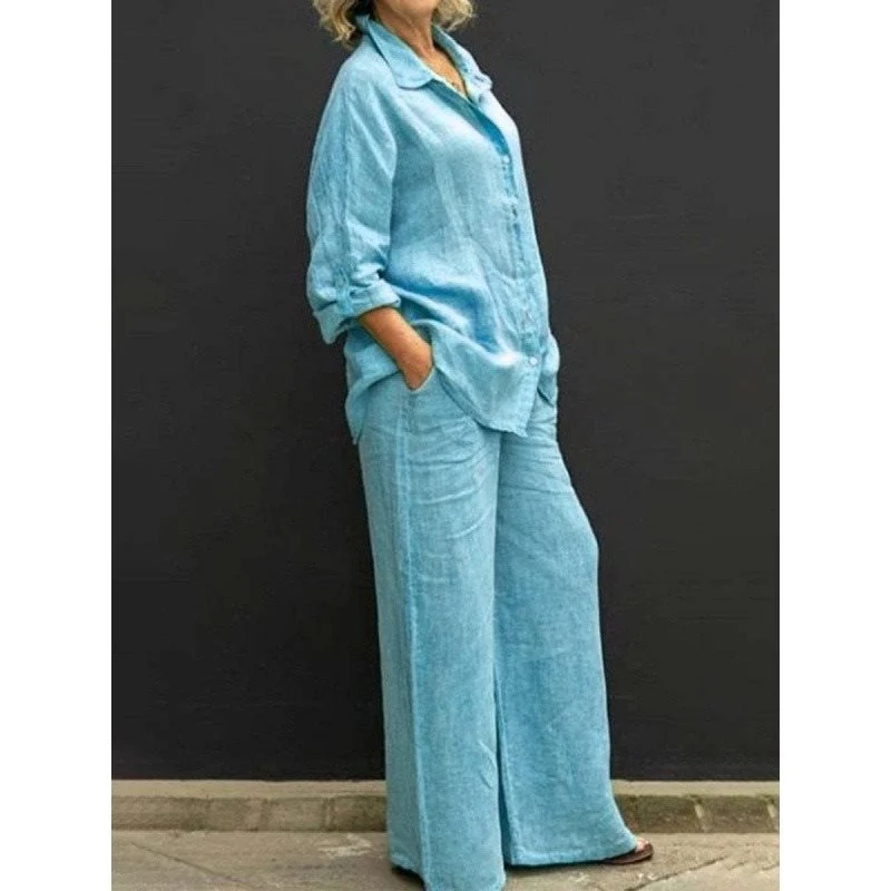 Damen Leichtes Leinen-Loungewear-Set mit Oversized-Hemd und weiter Palazzo-Hose Nord Taschen