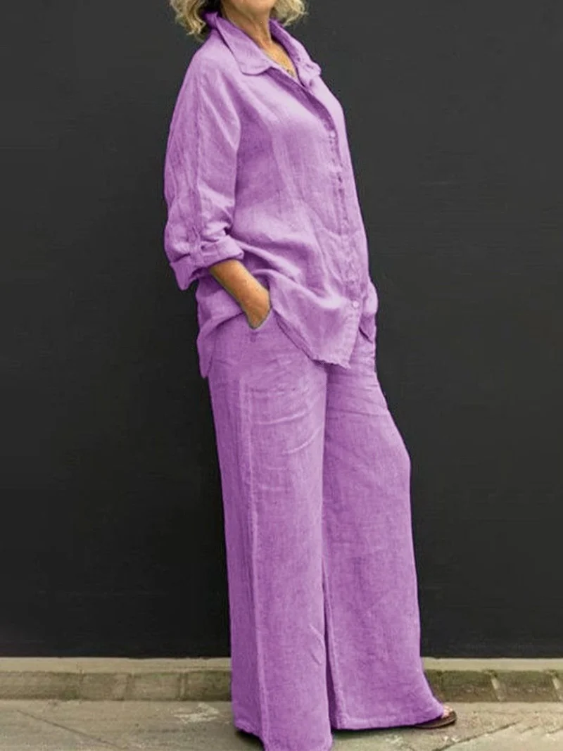 Damen Leichtes Leinen-Loungewear-Set mit Oversized-Hemd und weiter Palazzo-Hose Nord Taschen